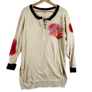 Free People Bird Hibiscus sweatshirt Distressed Graphic Long Sleeve Cream XS